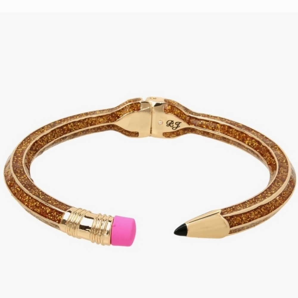 💛 🔹️Betsey Johnson Gold Glitter Pencil Pink Eraser Bracelet Cuff ✨️💛 NEW!! - Picture 2 of 5